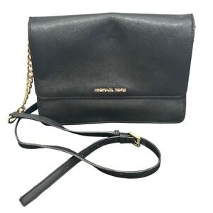 Michael Kors Saffiano Leather Crossbody Bag Black Gold Chain Strap Flap Wallet